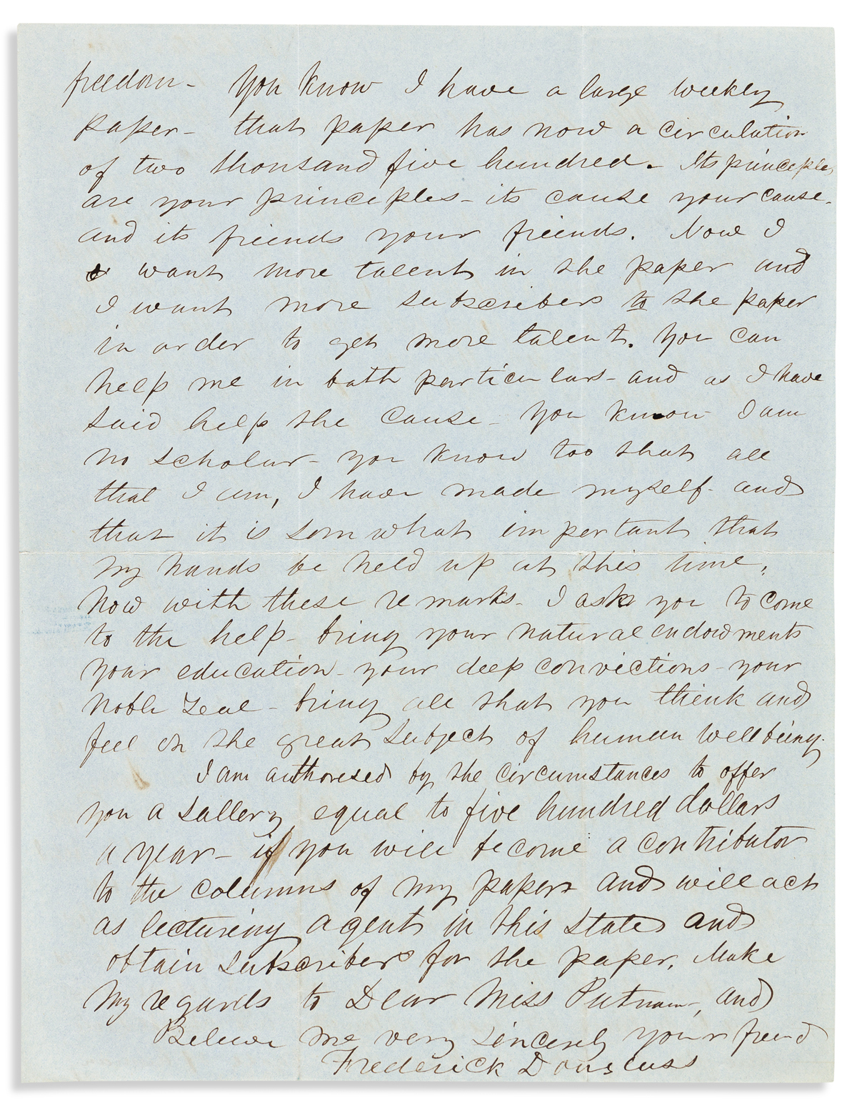 DOUGLASS, FREDERICK. Autograph Letter Signed, to Sallie Holley (Dear Sally),